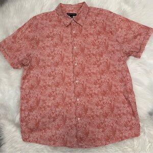 Coral Pink Tropical Print Short-Sleeve Button-Down Shirt